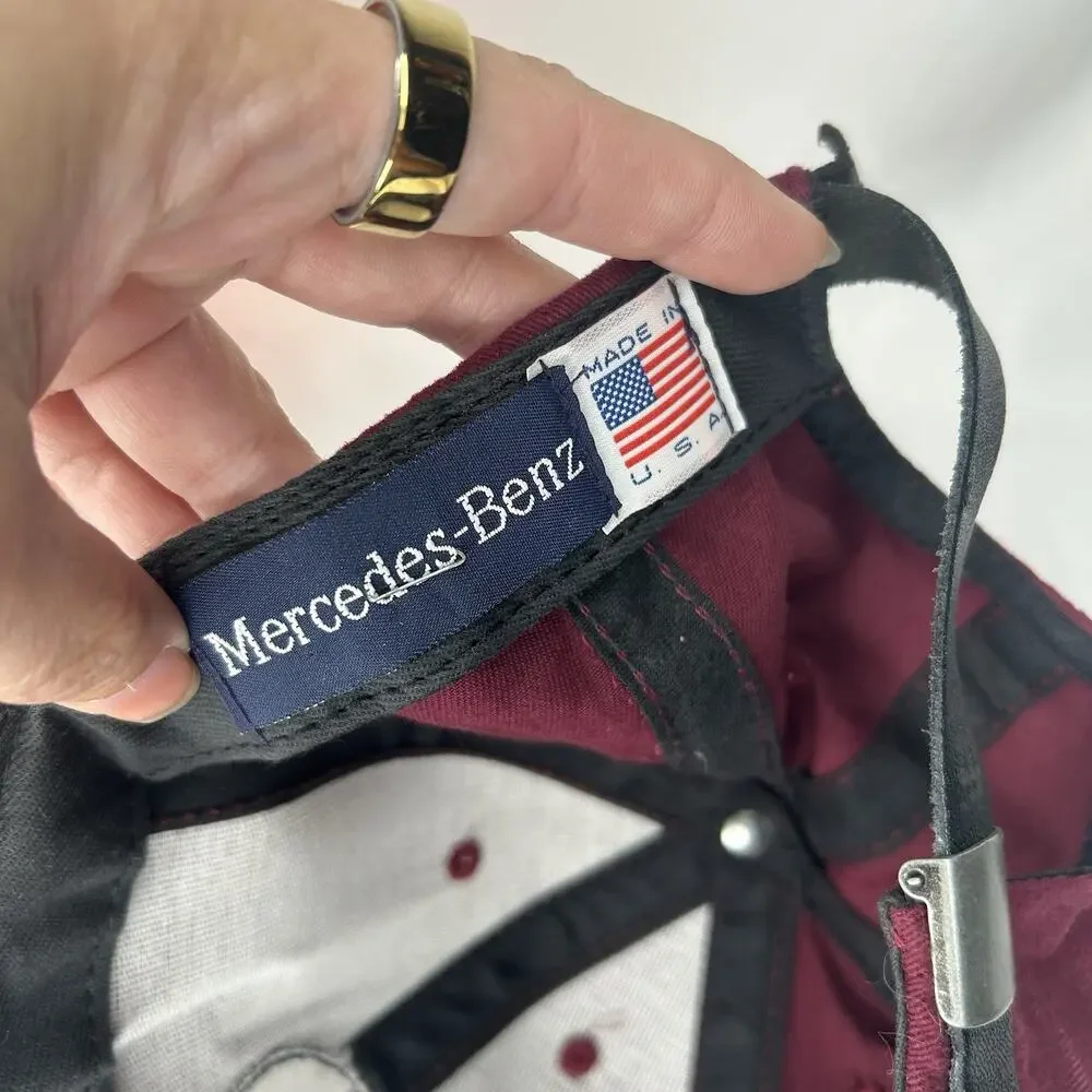 Vintage Mercedes Benz Strap Back Hat Maroon Black Leather Strap Made In USA
